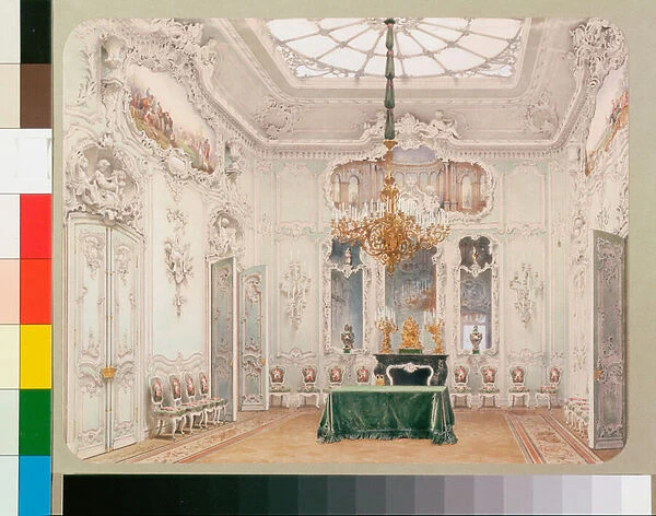 Interiors of the Winter Palace (Palais d hiver a Saint Petersbourg) - The Green Dining Room - Watercolour on paper by Luigi Premazzi (1814-1891), 1852 - Dim 27x34, 4 cm - State Hermitage, St Petersburg
