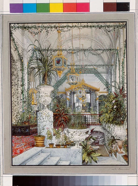 Interiors of the Winter Palace (Palais d hiver a Saint Petersbourg) - The Winter Garden of Empress Alexandra Fyodorovna - Watercolour on paper by Konstantin Andreyevich Ukhtomsky (Constantin Oukhtomsky) (1818-1881) - 1860s - Dim 27, 8x23