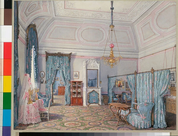 Interiors of the Winter Palace (Palais d hiver a Saint Petersbourg) : The Fifth Reserved Apartment - The Bedroom of Grand Princess Maria Alexandrovna - Watercolour on paper by Eduard (Edouard) Hau (1807-1887), 1873 - Dim 30, 5x38