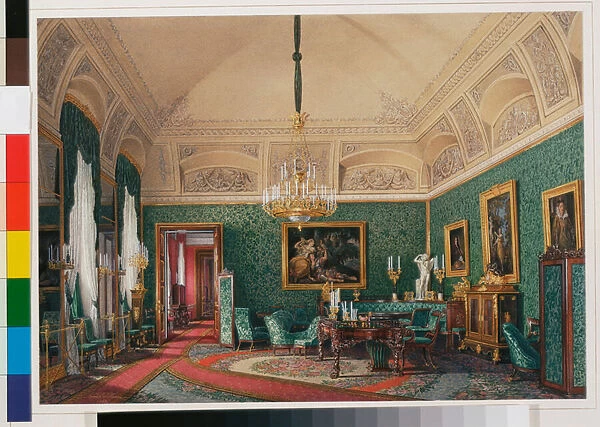 Interiors of the Winter Palace (Palais d hiver a Saint Petersbourg) : The First Reserved Apartment - The Small Study of Grand Princess Maria Nikolayevna - Watercolour on paper by Eduard (Edouard) Hau (1807-1887), 1867 - Dim 31, 8x45