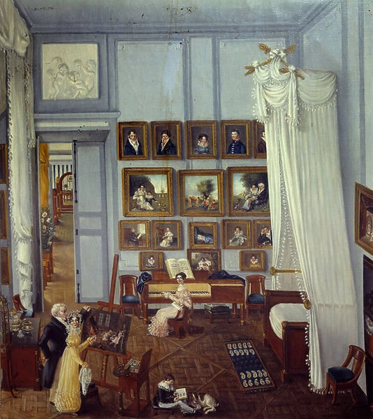 Internal view of the residence of the Knight Pradel of Saint Charles A large four-poster bed adorns the room used as a workshop. A child plays and a young woman is in front of a piano. Painting by Julie Pradel (19th century) 1820 Private collection