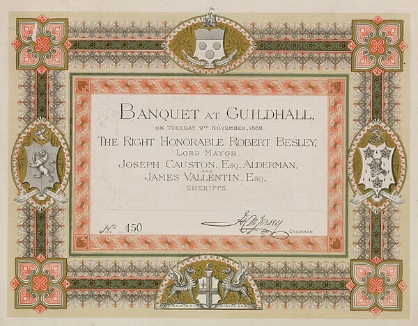 Invitation to a banquet at the Guildhall, London, on 9 November 1869 (chromolitho)