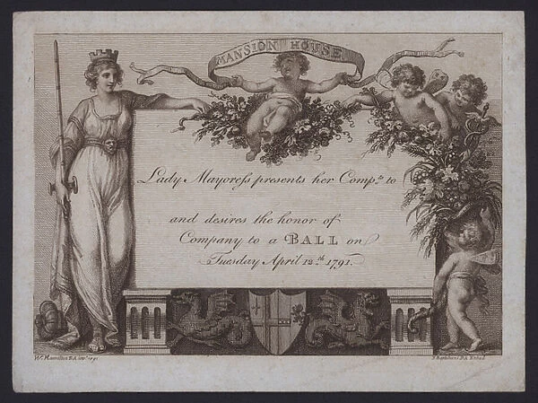 Invitation from the Lady Mayoress of London to a ball at the Mansion House, 12 April 1791, during the mayoralty of the famous print seller John Boydell (etching)