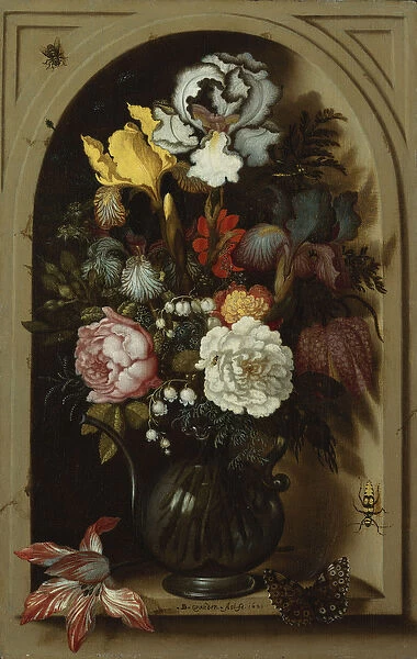 Irises, Roses, Lily of the Valley and other Flowers in a Glass Vase in a Niche