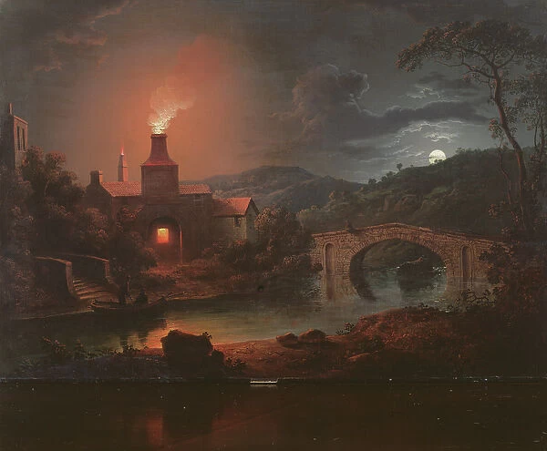 An Ironworks by Moonlight (oil on canvas)