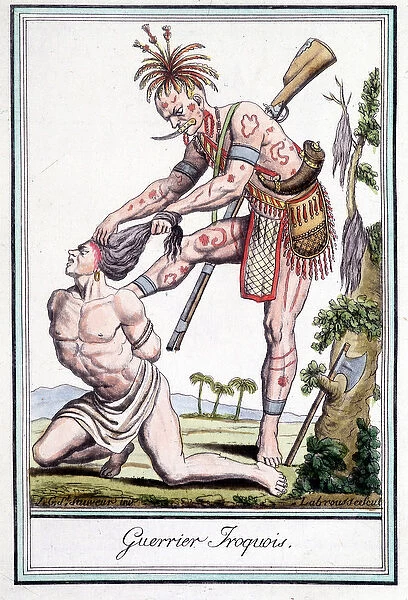 Iroquois warrior scalping his enemy - in 'Encyclopedia of travels'