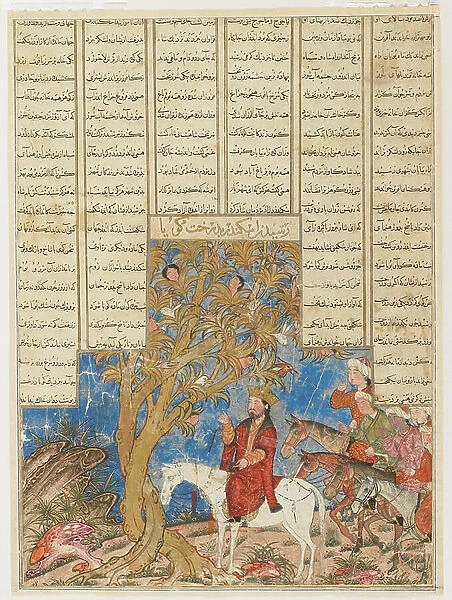 Iskandar (Alexander) and the talking tree, Folio from a Shahnama (Book of kings) by Firdawsi (died 1020); recto (opaque w / c, ink and gold on paper)