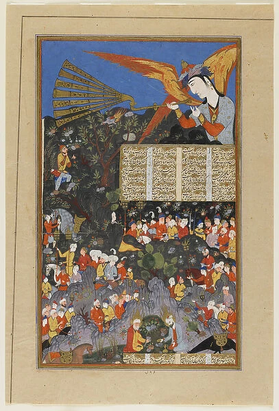 Iskandar encounters the Angel Israfel from a Shahnama (Book of kings)
