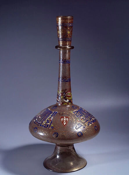 Islamic Art: bottle has long enamed glass neck of Vice King Tuquztemur. 1345 approx