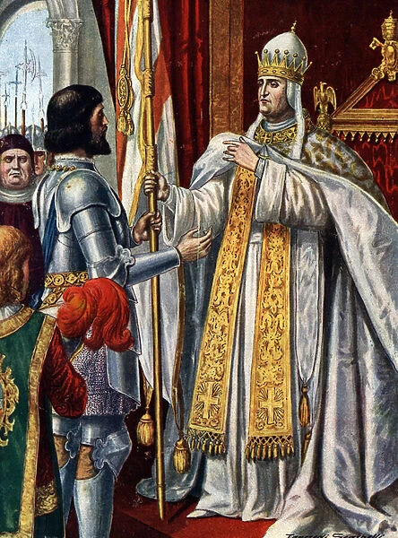 The Italian condottiere Alberico da Barbiano victorious with his Company of St. George of the Bretons who wanted to place at the head of the church the antipope Clement VII at the Battle of Marino in 1379