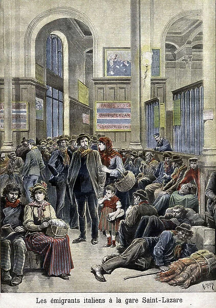 Italian emigrants at the station St Lazarus (Saint Lazarus) (Saint Lazarus) - in ' The Petity Journal', March 1896