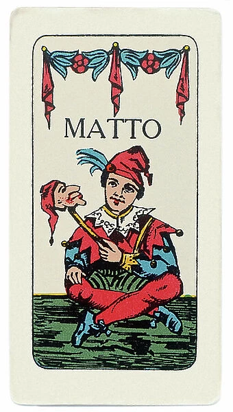 Italian game card representing a madman (jolly or jocker). 19th century print