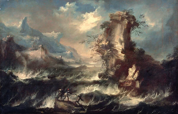 Italian Seascape with Rocks and Figures (oil on canvas)
