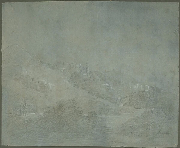 Italian Town above a stream (chalk on paper)