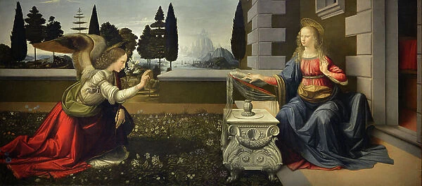 Italy Tuscany Florence, Uffizi Gallery: The Annunciation, Painting by Leonardo da Vinci (1452-1519), Oil on wood, ca. 1472-1475, 98x217 cm