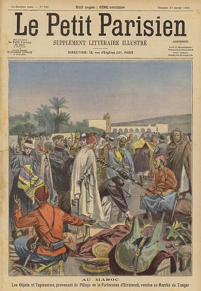 Items looted from the Fortress of Mulai Ahmed er Raisuni on sale in the market of Tangier, Morocco (colour litho)