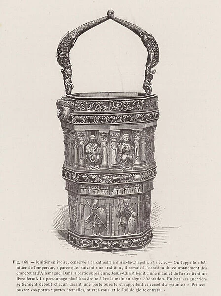 Ivory holy water font from Aachen Cathedral, 10th Century (engraving)