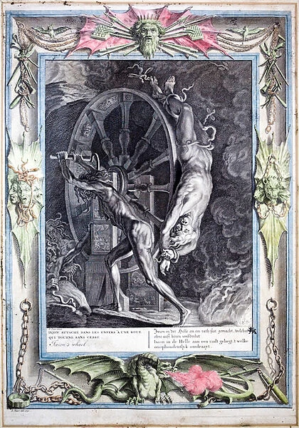 Ixion bound to the eternally turning fiery wheel (coloured engraving)
