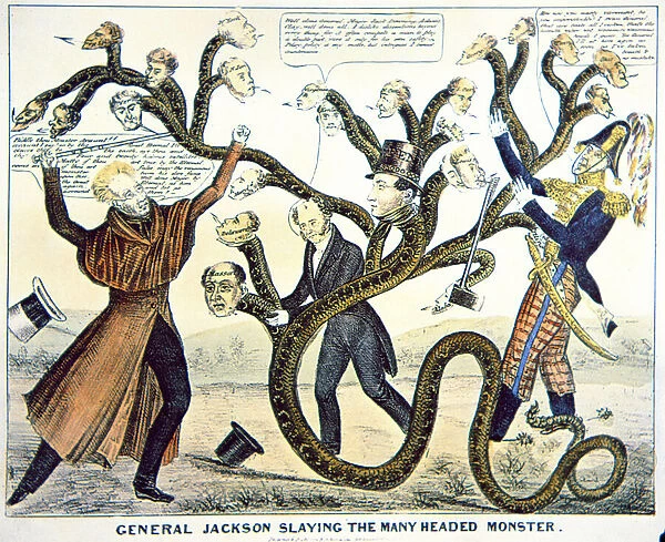 Jackson slaying the many headed monster, 1828 (colour litho)