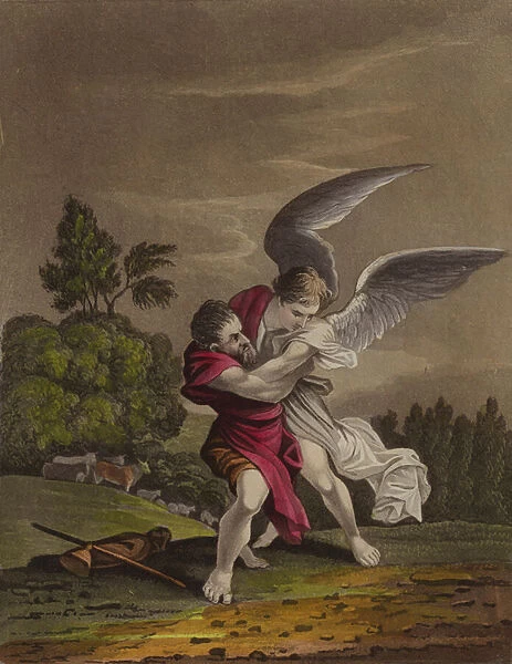 Jacob wrestling with an angel (colour litho)