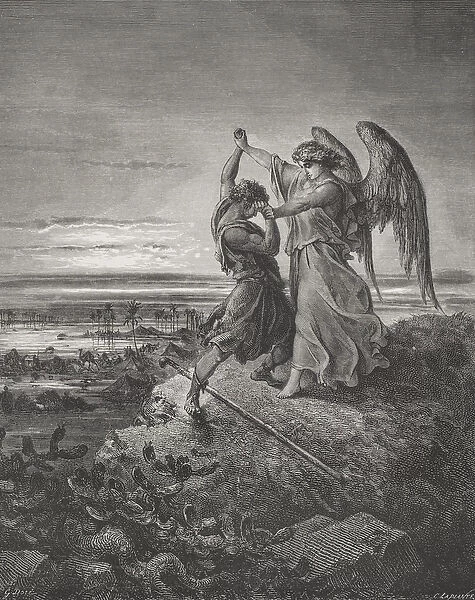 Jacob Wrestling with the Angel, Genesis 32: 24-32, illustration from Dores The
