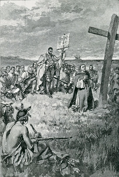 Jacques Cartier (1491-1557) Setting up a Cross at Gaspe, illustration from The