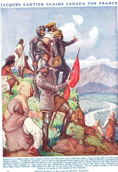 Jacques Cartier claims Canada for France, illustration from Newne's Pictorial Book of Knowledge (colour litho)