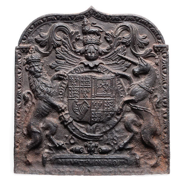 James I fireback cast with the royal arms of the monarch, 1618 (cast iron)