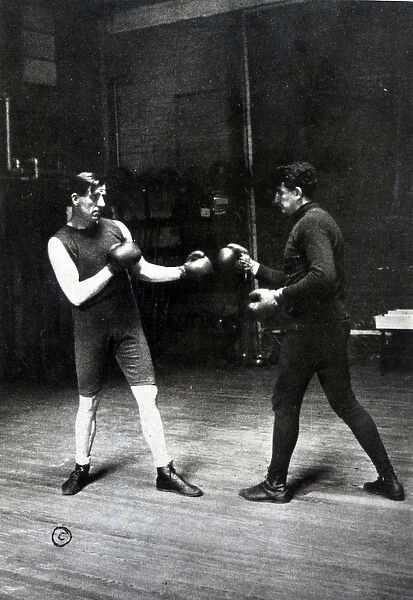 James J. Corbett (left) in a sparring session (b  /  w photo)