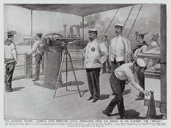 Japanese admiral Togo Heihachiro on the bridge of his flagship, the Mikasa, 1904 (litho)