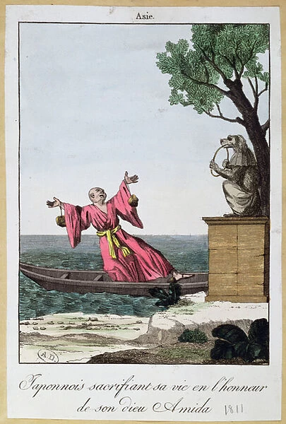 Japanese man Sacrificing his life in honour of the god Amida, 1811 (colour litho