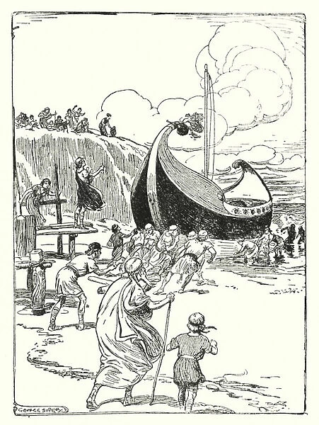 Jason and the Argonauts: 'The good ship Argo leapt up from the sand upon the rollers, and plunged onward like a gallant horse'(litho)