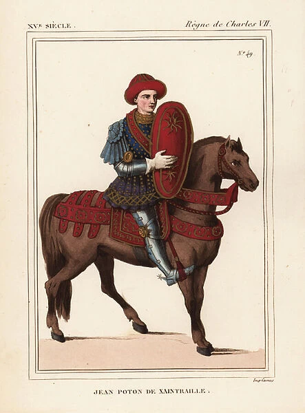 Jean Poton, Lord of Xaintrailles, French knight and friend to La Hire, d. 1461. Handcoloured lithograph by Leopold Massard after a figure in the manuscript of Chronicles de Monstrelet in Roger de Gaignieres