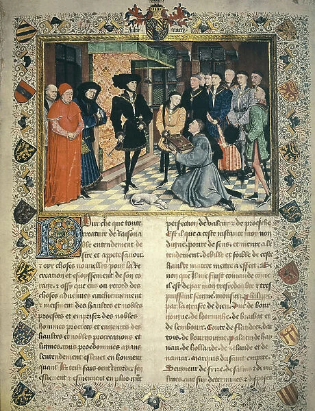 Jean Wauquelin (died 1452) presents the translation of the chronicles of Hainaut to Philip III of Burgundy, 15th century (miniature)