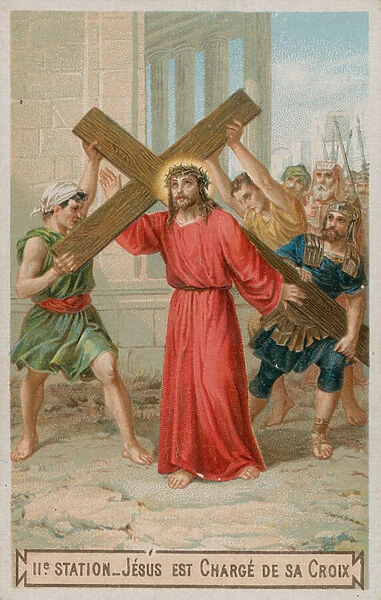 Jesus carries His Cross. The second Station of the Cross (chromolitho)