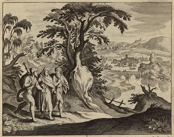 Jesus Christ appearing to two disciples on the road to Emmaus (engraving)