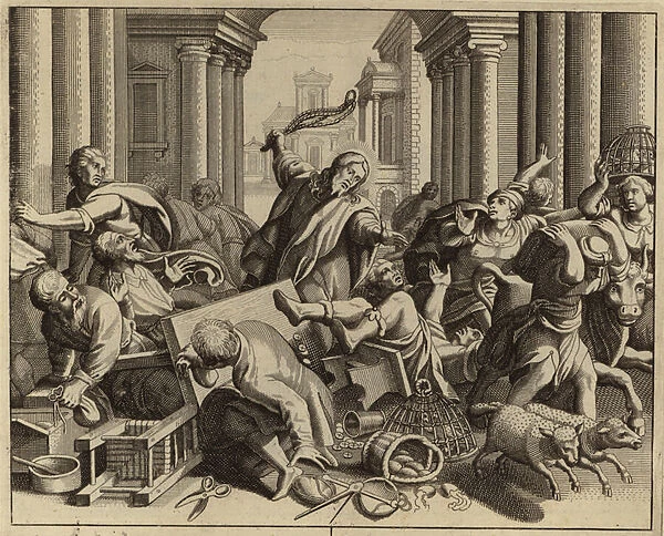 Jesus Christ driving the money changers from the Temple (engraving)