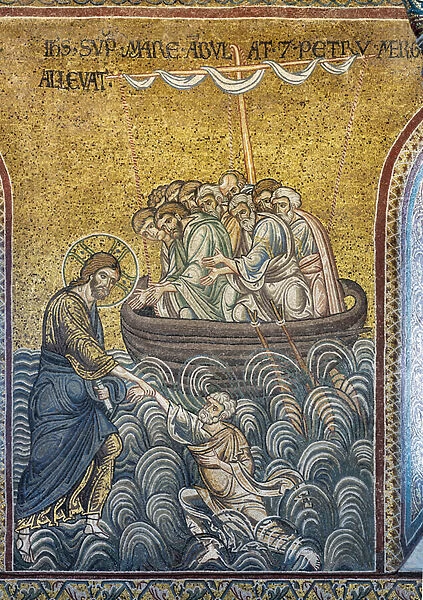 Jesus rescueing St Peter from the waves, Byzantine mosaic, Episodes from the life of Christ, XII-XIII centuries (mosaic)