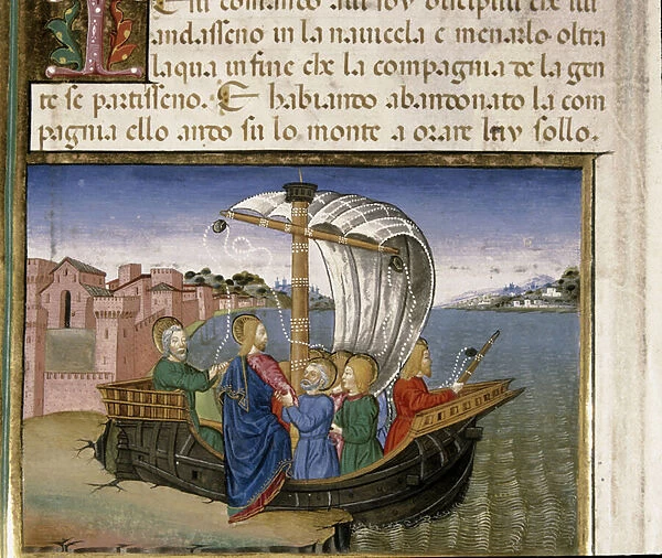 Jesus tells the Apostles to go by boat to Capharneum while he goes to pray