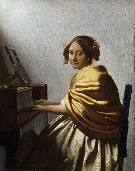 'Jeune femme assise au virginal'(A Young Woman seated at a Virginal) Peinture de Jan Vermeer (Johannes) (1632-1675) vers 1670 Dim 25, 1x20 cm Collection privee