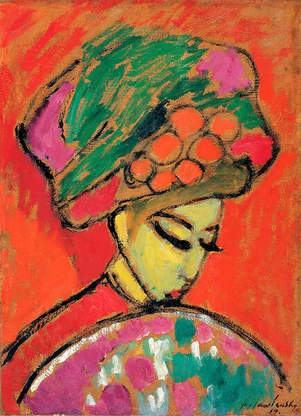 Jeune fille avec un chapeau a fleurs (Young Girl with a Flowered Hat) - Peinture de Alexei von Javlensky (1864-1941) huile sur carton, 67, 5x49 cm, 1910 -Albertina, Vienna (Autriche)