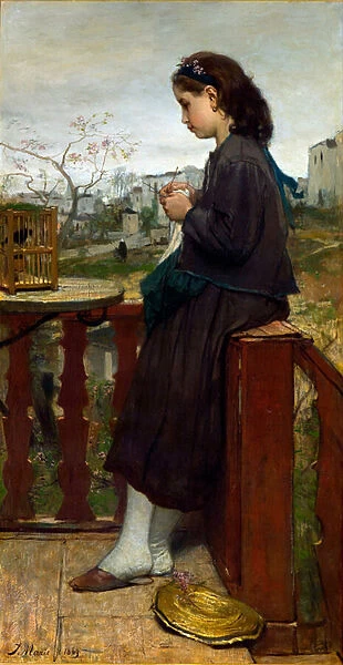 'Jeune fille tricotant sur un balcon, Montmartre, Paris'(Girl knitting on a balcony, Montmartre) Peinture de Jacob Maris (1837-1899) - 1869 - Oil on canvas Dim 110x75, 7 cm Gemeentemuseum Den Haag