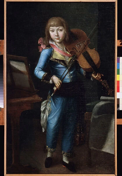 Un jeune violoniste en costume bleu. Peinture d un maitre russe, huile sur toile, vers 1790. Art russe 18e siecle. Museum Palace Theatre Ostankino, Moscou