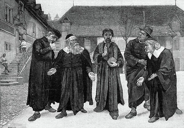 John Calvin and the four syndics, 1896 (engraving)