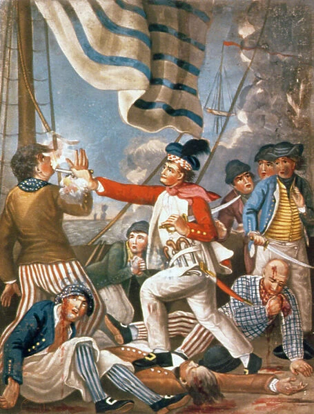 John Paul Jones shooting a sailor who had attempted to strike his colours in an engagement, pub. by Carrington Bowles, 1779 (mezzotint)