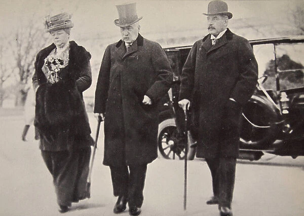 John Pierpont Morgan with his son and daughter attending the Money Trust Investigation (sepia photo)