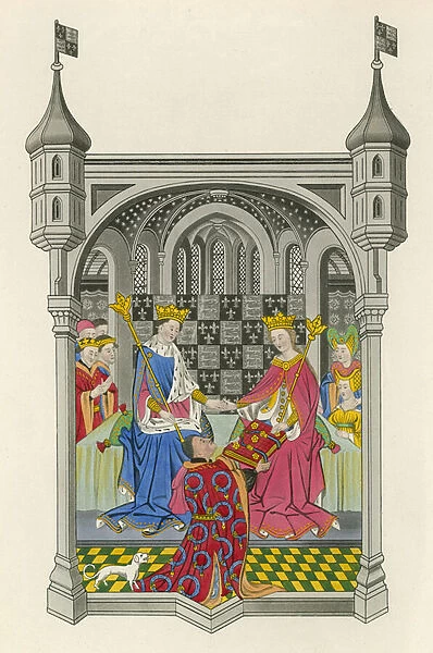 John Talbot, Earl of Shrewsbury, presenting his Book to Queen Margaret, illustration from Dresses and Decorations by Henry G. Bohn (colour litho)