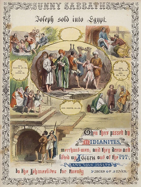 Joseph sold into Egypt (coloured engraving)