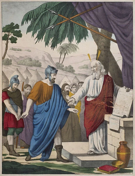 Joshua appointed by Moses as his successor, illustration from a catechism L