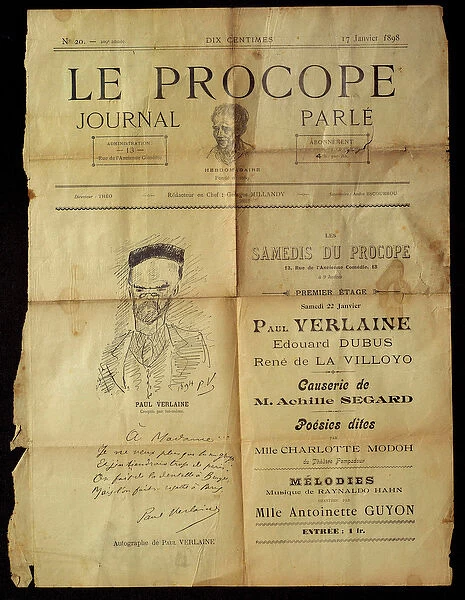 Journal du Procope, Parisian cafe, 17  /  01  /  1898: portrait of the poet Paul Verlaine by